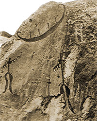 Gobustan: Petroglyphs of boat and women on Kichikdash mountain