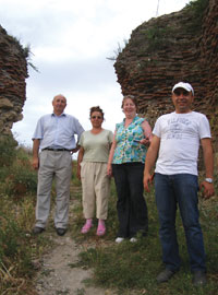 From left: Dr Qafar Jebiyev, Elmira, Fiona Maclachlan and driver Mahir at the city gates