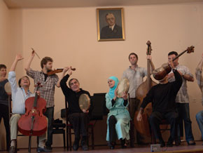 Cellist Yo Yo Ma, Alim Qasimov and Fargana perform with the Silk Road ensemble in Baku’s Philharmoni, May, 2006