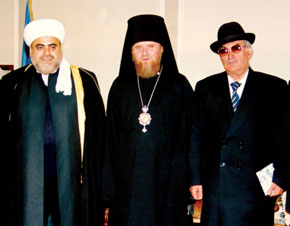 Left to right: Sheykh-ul-Islam Haji Allahshukur Pashazadeh, Alexander, Bishop of Baku and the Caspian Eparchy, Semyon Ikhiilov, headf of the Religious Community of the Mountain Jews in Azerbaijan