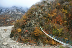 A suspended bridge over the river in Lahij, Ismailli District