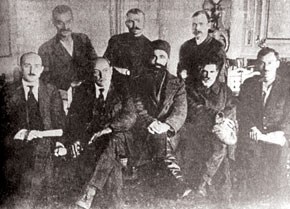 The first Central Executive Committee of the Azerbaijan SSR. From the left seated: T. Shahbazi, N. Narimanov, M. Hajiyev, C, Adgozalov; Standing: C. Fatalizade, V. Krilov, A. Andreyev (1921)