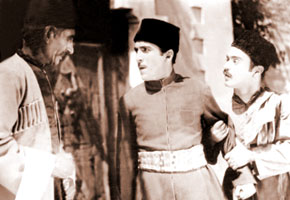 Scene from the film “Arshin Mal Alan”; Alekber Huseinzadeh playing Soltan Bey, Rashid Behbudov – Asker, Lutfali Abdullayev – Veli. 1945