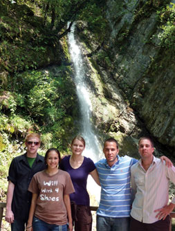 From the left Jack Coombes, Jeiran Hasan, Kelsey Rice, Stephen Snyder, Anthony Cruitt at the Seven Beauties Waterfall, Vandam
