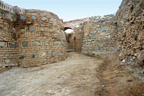 Castle walls connected by arched spans, Shamkir city
