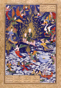 Tabriz, Iran, the Khamsa of Nizami, British Library, Or. MS 2265, f. 195. Muhammad’s ascent into heaven 1539–43