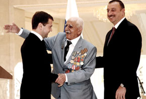 Dmitri Medvedev, President of Russia, awarding 2nd and 3rd rank rewards to Agadadash Semedov, veteran of the Great Patriotic War. 2008