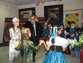At the Children’s Cinema, established by the State Film Foundation. Foundation Director Jamil Guliyev surrounded by children
