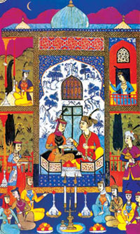 Miniature showing Khosrov and Shirin listening to legends told by girls, ´Khamsa´ (Bukhara, 1648)