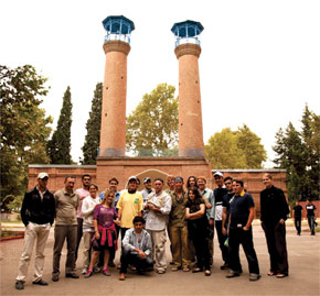 NSRS team with gasbomb in front of Shah Abbas Mosque, Ganja