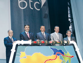 Official inauguration of the BTC pipeline. From the left: Ahmet Necdat Sezar (President of Turkey), Mikhail Saakashvili (President of Georgia), Ilham Aliyev (President of Azerbaijan), Recab Tayip Erdogan (Prime Minster of Turkey), John Browne (BP Group CEO)