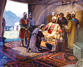 Shamakha ruler Abdulla khan receiving English voyager Anthony Jenkinson. artist, O. Sadiqzadeh. The Azerbaijan National History Museum