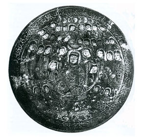 Unique dish, 50 cm in diameter, Atabey with a courtier. Early 13th century. Karabakh (Arran), Azerbaijan. The Hermitage, St Petersburg