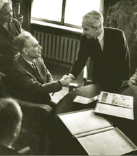 President of the USSR Academy of Sciences M.V.Keldis congratulates Landau on his Nobel prize, Moscow, 1962