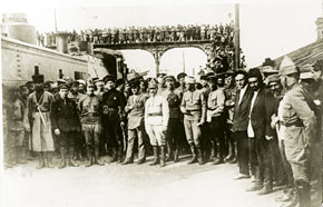 Leaders and commanders of the 11th Red Army, representatives of the Azerbaijani Communist Party (Bolshevik) before the armoured tank 3rd Internaertional, May 1920