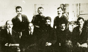 Members of the presidium of the Azerbaijan SSR Central Executive Committee. Left to right: (sitting) T. Shahbazi, N. Narimanov, M. Hajiyev, S. Aghamalioghlu, T.Huseynov, (staying) S. Fatalizada, V. Krilov, A. Andreyev, May 1921