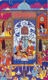 Miniature, Khosrov and Shirin listening to the maid´s tales, Khamsa, 1648, Bukhara