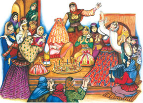 Women celebrate at a traditional wedding, painting by Ismayil