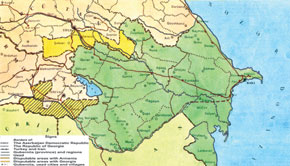 The map of the ADR (Azerbaijan Democratic Republic) issued in Russian in 1920 by the Ministry of Foreign Affairs of the ADR. During the Soviet period, this map was hidden in secret archives, so Azerbaijani historians were not able to learn about the territorial boundaries of the ADR (1918-1920). After independence in 1991, Azerbaijan’s Ministry of Foreign Affairs published this map