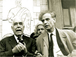Well-known Danish scientist Nils Bohr and Lev Landau, speaking in the Physicians' Archimedes Festival, in front of Moscow State University, 1961