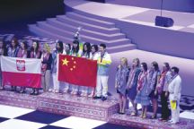 The medal ceremony for the women’s competition. China won gold; Poland - silver; and Ukraine - bronze