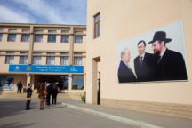 The delegation entering Chabad School Or Avner in Baku. Nov 3, 2015