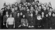 Leyla (second from left front row) member of the Azerbaijani delegation to mark 15 years of Soviet Azerbaijan, 1936. Mirjafar Baghirov is in the centre, 3rd row, and behind the bemedalled military man