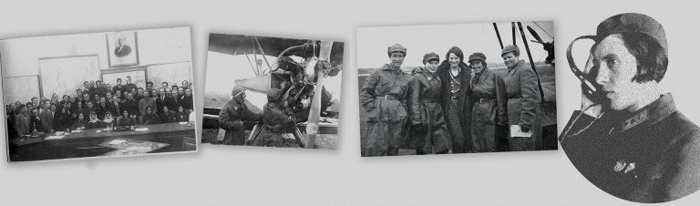 Leyla (second from right) pictured with an unknown British female pilot in Moscow, 1933