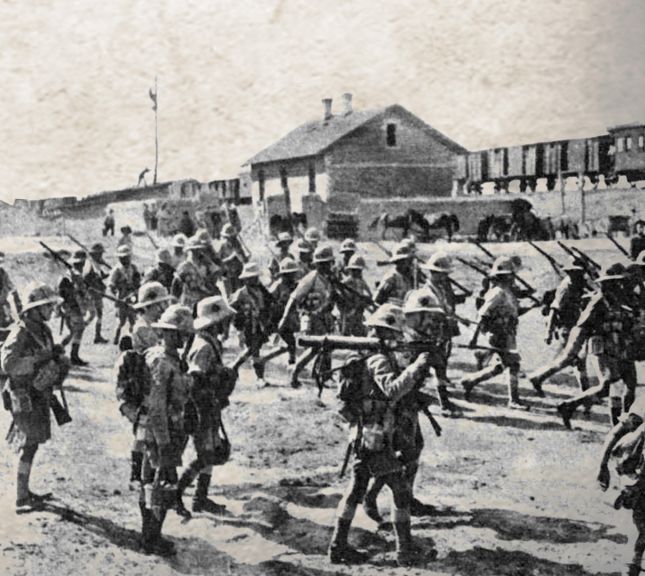 British soldiers from the North Staffordshire Regiment at Bilajary station in Baku in late August 1918