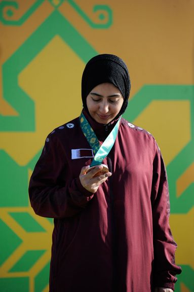 Bronze medallist in the women’s trap shooting, Kholoud Hassan al Khalaf of Qatar, 13 May. Photo: Eldar Farzaliyev