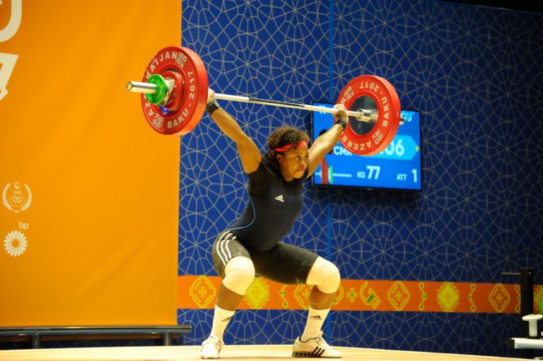 Cameroonian athlete Arcangeline Fouodji Sonkdou attempts 77kg in the women’s weightlifting (+90kg category) on 15 May. Photo: Eldar Farzaliyev