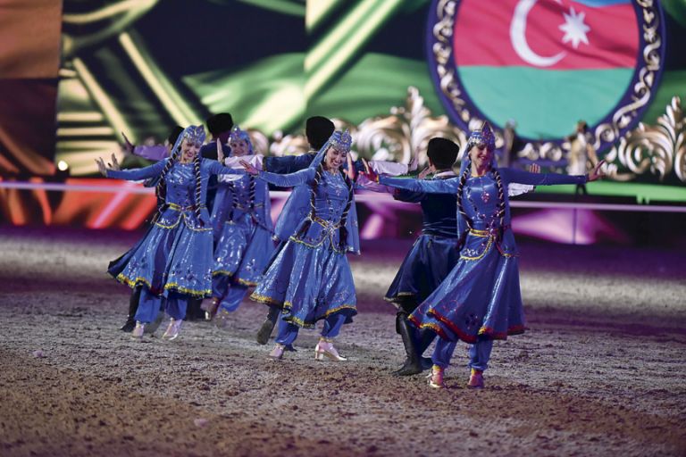 The majesty of the Karabakh Horses was complemented by a troupe of vibrant dancers from the Fikret Amirov State Song and Dance Ensemble. Photo: Kit Houghton/The Queen’s 90th Birthday Celebration