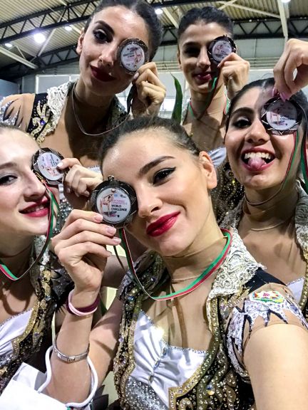 The senior team after coming third in the all around competition at the World Championships in Portimao, Portugal. Photo: courtesy of Mariana Vasileva
