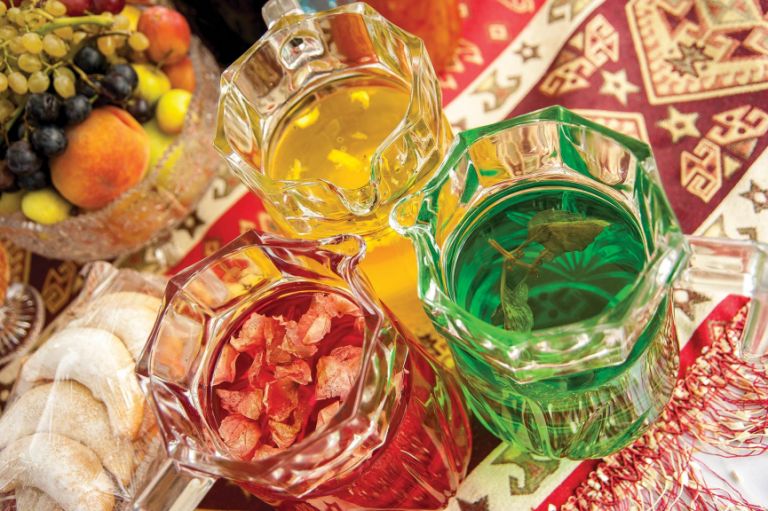 Rose (red), saffron (yellow) and white basil (green) syrups from the Ganja region